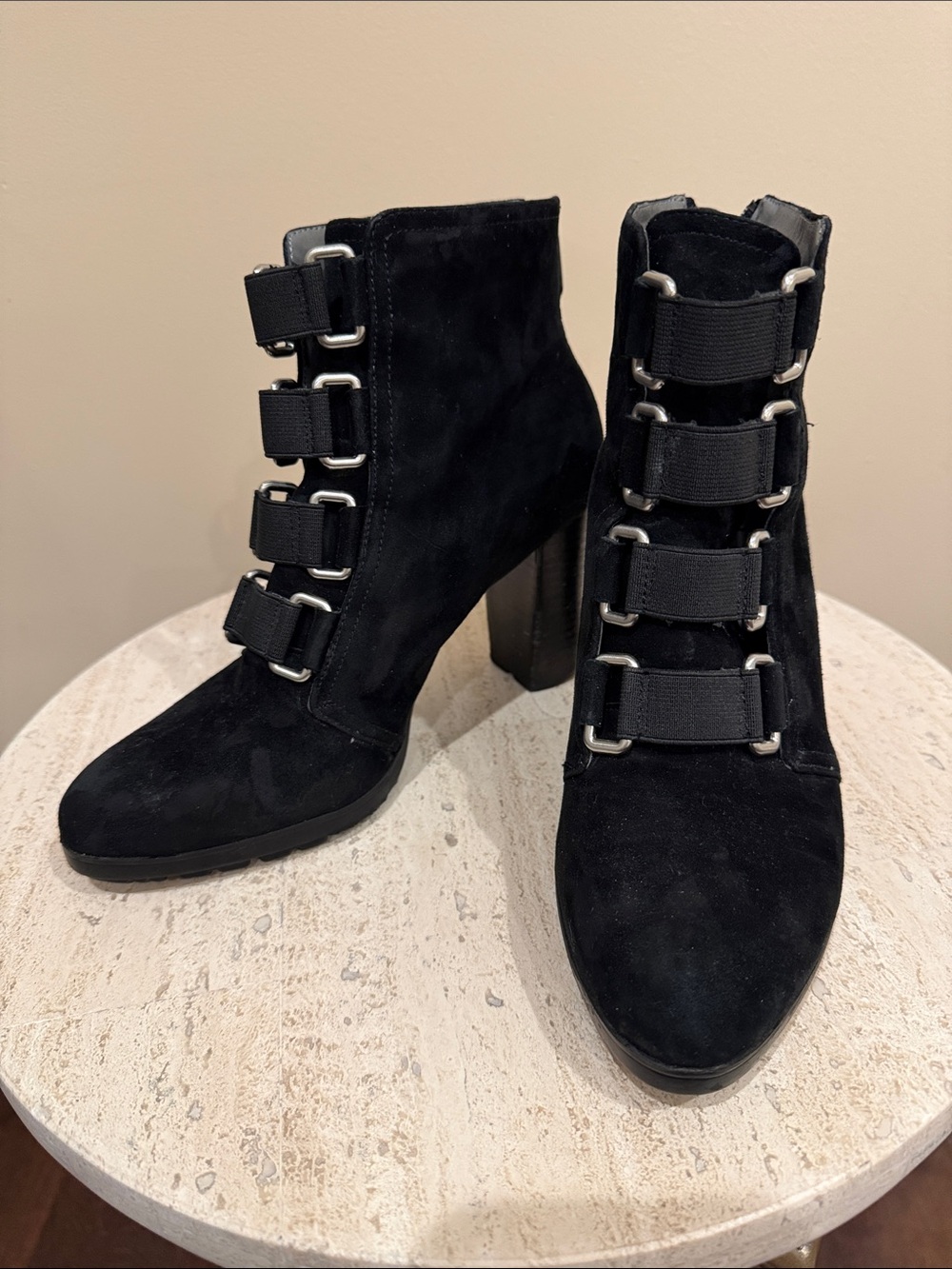 Adrienne Vittadini Women's Black Suede Ankle Boots with Buckle Straps